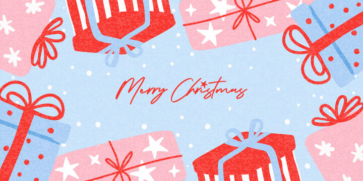 Modern Christmas card with hand-drawn festive illustration, featuring a frame made of Christmas gifts against a snowy background in a playful contemporary style. Cheerful holiday design template.