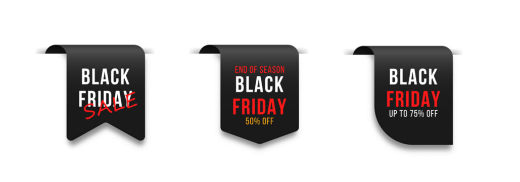 Black Friday sale tags with discount offers and promotional labels.