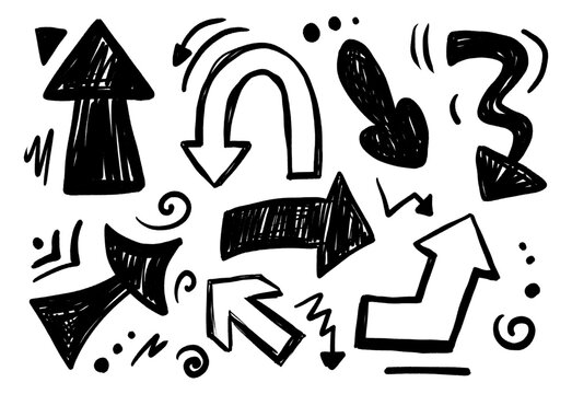 Hand-drawn arrow shapes with thick marker strokes, bold curves and organic scribble textures for creative graphic designs and playful direction icons