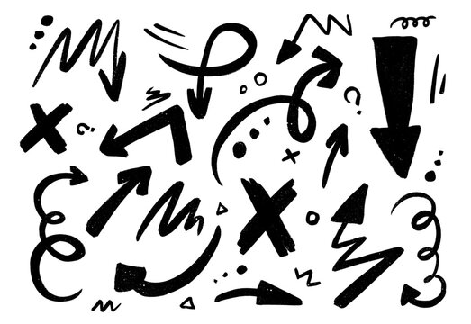 Hand-drawn arrow shapes with thick marker strokes, bold curves and organic scribble textures for creative graphic designs and playful direction icons