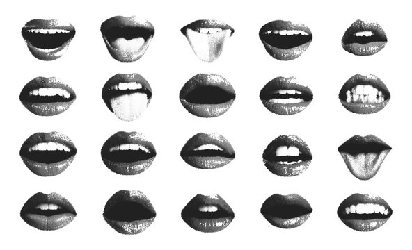 Black and white halftone lips collection with different mouth shapes, expressions and open mouth poses isolated on transparent background	