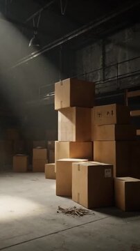 Cardboard boxes stacked in a dim warehouse with light rays in the background