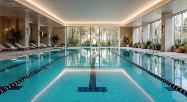 Indoor luxury lap pool with marked swim lanes, lounge chairs, plants and floor-to-ceiling windows letting in natural light and reflecting calm blue water