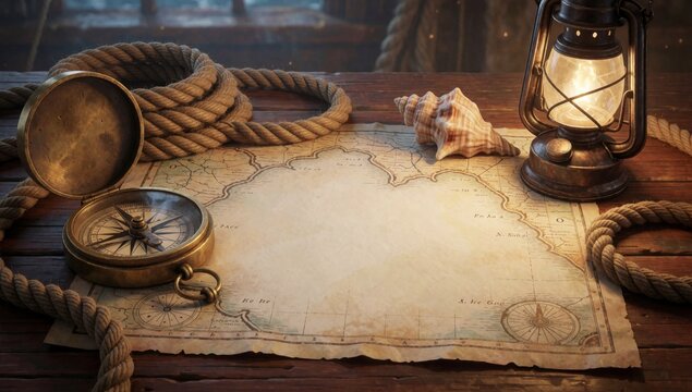 Old map world wooden table center compass left side rope right gold color has round face black markings next t