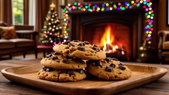 Chocolate Chip Cookies on Wooden Plate by Fireplace and Lit Christmas Tree