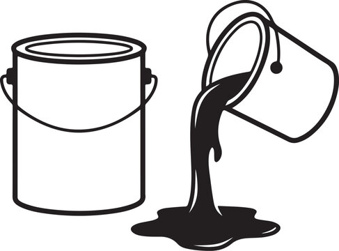 Paint bucket vector icon set, pouring paint can with liquid spill, black and white industrial coating equipment for home renovation