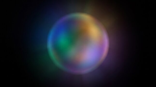 Glowing iridescent sphere floating gently within profound darkness displaying vibrant spectral colors and ethereal illumination creating mystical scientific abstract visual art composition