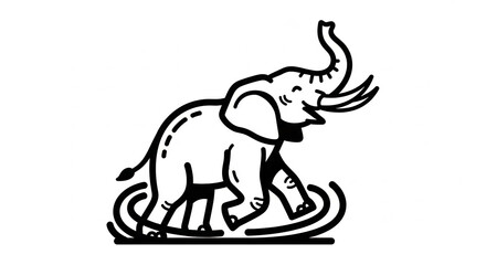 Fototapeta premium Elephant line art illustration with raised trunk