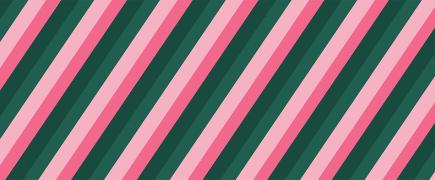 Stripe cane background. Red, green and pink diagonal stripes, vector seamless pattern, Candy cane holiday bg