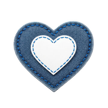 Blue denim fabric heart patch with stitching isolated on transparent background