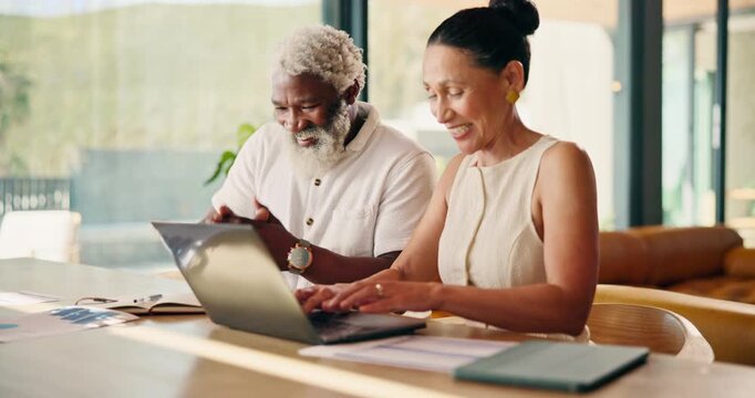 Senior, couple and laptop with high five for financial goal, retirement plan success and paperwork. Happy people, track online expenses or monitor annuity account with tax refund achievement at home