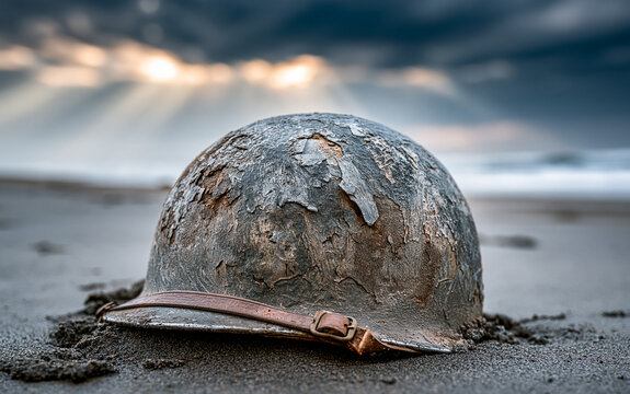 Old military helmet sits on sandy beach near ocean waves under cloudy sky. This photo symbolizes D-Day and war remembrance, evoking solemn thoughts about history and sacrifice