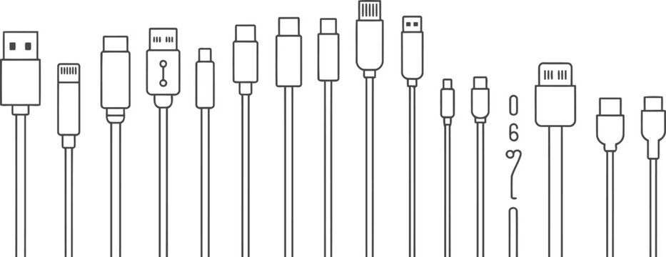 Set of various usb cable connector types in black and white line style for tech