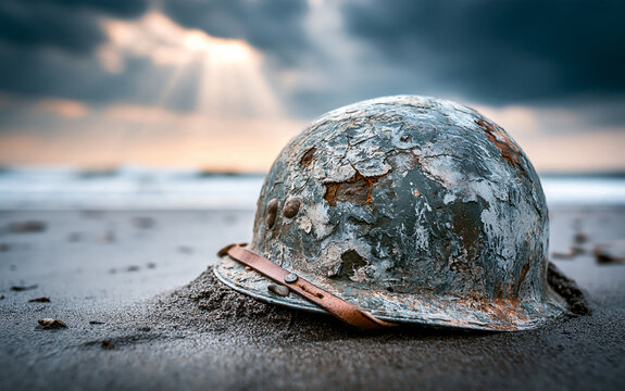 Old military helmet sits on sandy beach near ocean waves under cloudy sky. This photo symbolizes D-Day and war remembrance, evoking solemn thoughts about history and sacrifice