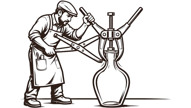 Black and white illustration of glassblower at work white background.