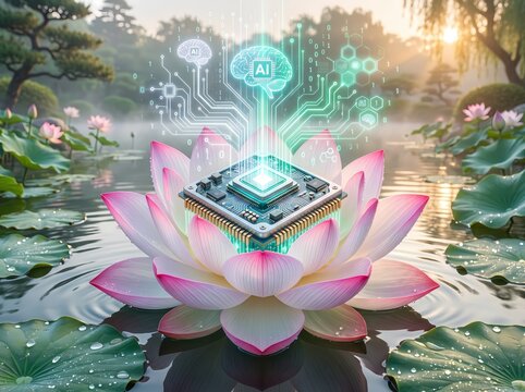 A glowing computer microchip resting inside a blooming lotus flower surrounded by digital AI technology symbols in a serene natural pond landscape