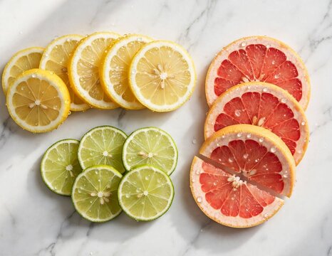Assortment of fresh citrus slices with lemon lime and pink grapefruit on white marble background