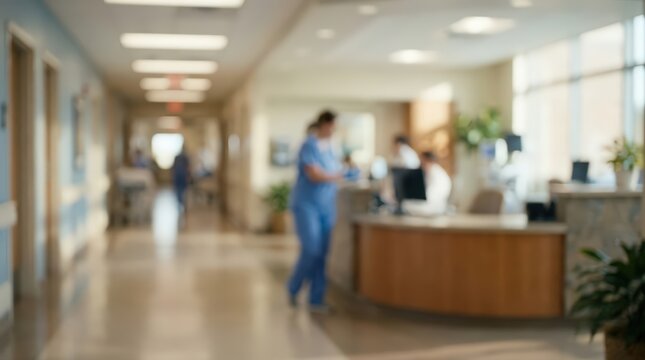 Hospital corridor interior with blurred figures walking past a reception desk. Soft focus background shows a busy healthcare facility hallway with bright ambient lighting.
