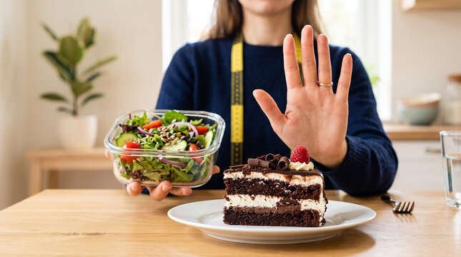 A close-up shot of a slice of chocolate on a white plate in the foreground. Behind the cake, a woman's hand is raised in a stop gesture with a bowl of salad. healthy eating concept.