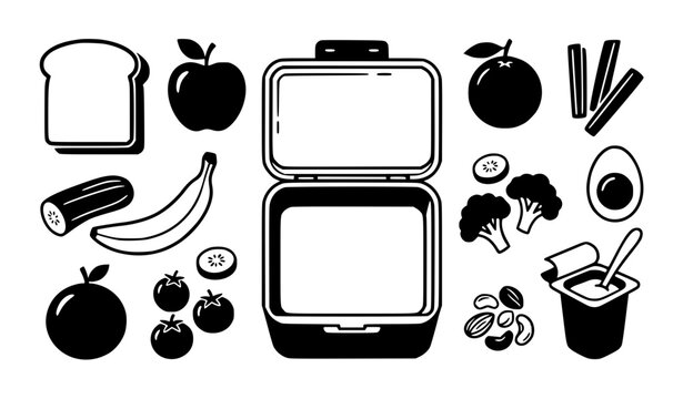 Healthy school lunch box with bread fruits vegetables snacks and balanced meal vector