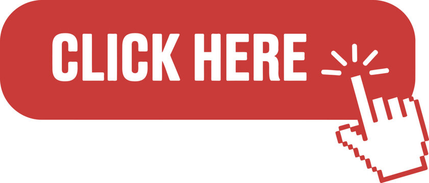 Red rectangular click here web button with a pixelated hand cursor icon on white background