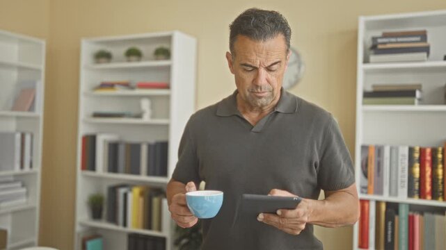 Man holds tablet and blue coffee mug while reading screen in building study near bookshelves and clock; quiet concentration.
