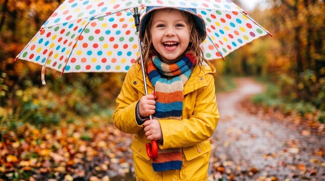 Young girl in yellow raincoat holds a colorful polka dot umbrella while smiling on a path surrounded by autumn foliage and fallen leaves, creating a cheerful seasonal scene despite the rainy weather