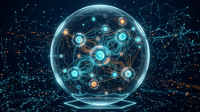 Futuristic digital neural network visualization with interconnected nodes and glowing data points representing advanced