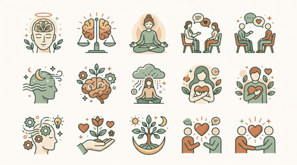 Fototapeta premium Mindful Living and Emotional Balance A Vector Icon Collection for Mental Health, Self-Care, Therapy, and Personal Growth Concepts