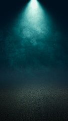 Obraz premium Dark abstract background with a bright teal spotlight shining down on a textured ground surface, filled with moody smoke and atmospheric haze, perfect for product display. Smoke background