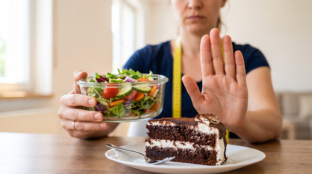 A close-up shot of a slice of chocolate on a white plate in the foreground. Behind the cake, a woman's hand is raised in a stop gesture with a bowl of salad. healthy eating concept.