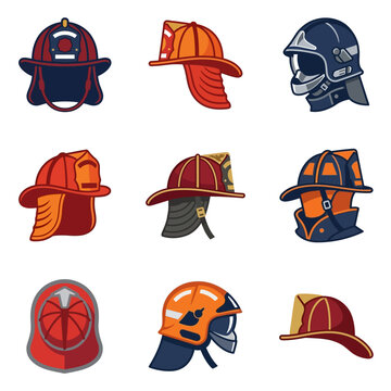 Collection of nine different firefighter helmets and hats in a grid layout.