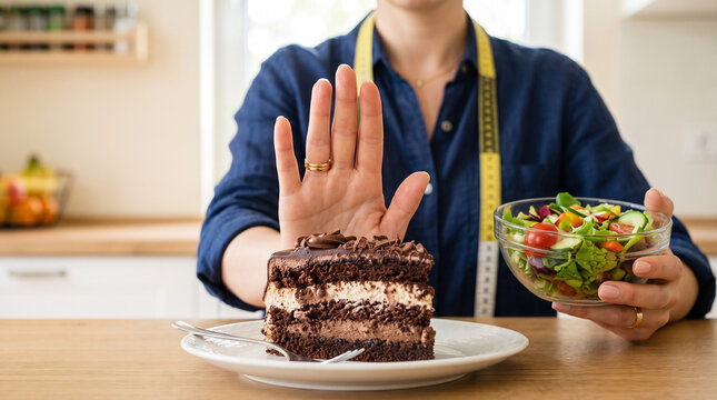 A close-up shot of a slice of chocolate on a white plate in the foreground. Behind the cake, a woman's hand is raised in a stop gesture with a bowl of salad. healthy eating concept.