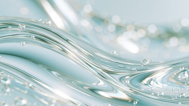 淡いアクアブルーの流れる液体と小さな泡の上品な抽象背景 / Elegant abstract background with flowing aqua blue liquid and small bubbles