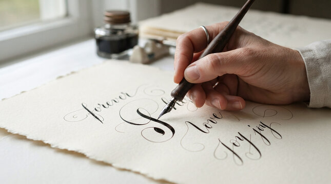 Calligrapher hand writing copperplate script with oblique dip pen on cotton paper