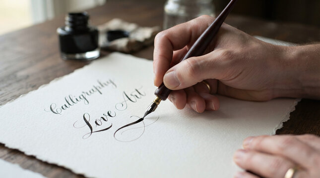 Calligrapher hand writing copperplate script with oblique dip pen on cotton paper