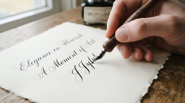 Calligrapher hand writing copperplate script with oblique dip pen on cotton paper
