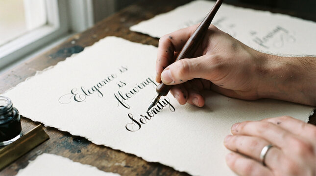 Calligrapher hand writing copperplate script with oblique dip pen on cotton paper