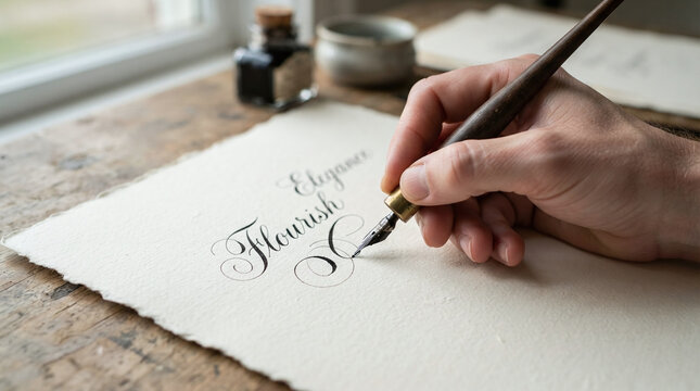 Calligrapher hand writing copperplate script with oblique dip pen on cotton paper