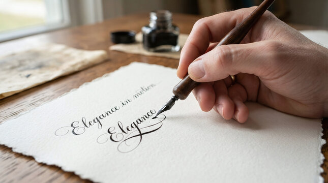 Calligrapher hand writing copperplate script with oblique dip pen on cotton paper