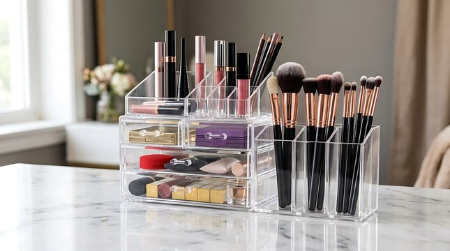 Clear acrylic makeup organizer with various cosmetics and brushes on a table. makeup organizer