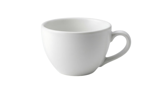 White ceramic coffee cup isolated on white background. Clean minimalist porcelain tea mug with curved handle. Empty tableware vessel for hot beverages. Studio product photography shot
