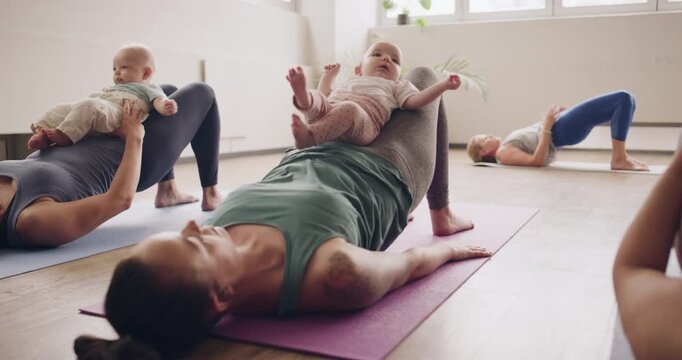 Yoga, baby and exercise with women in class for balance, maternal connection and mindfulness. Wellness, mommy and me session with people in studio for relax, child bonding and pilates fitness
