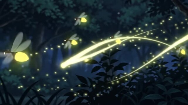Glowing Fireflies Floating in Dark Night Background.