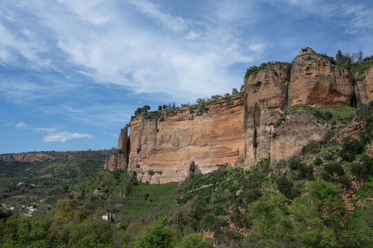 Remarkable view of Ronda&rsquo;s high town walls, located in Andalusia, Spain, captured on an overcast day