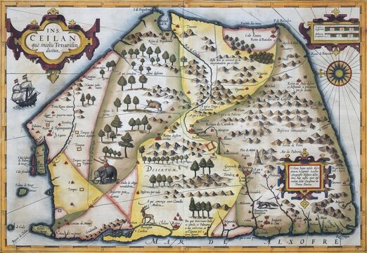 Old coloured map of Ceylon or Sri Lanka decorated with an elephant, a deer, a fox, sailing ship, compass rose and three decorative cartouches, by Jodocus Hondius from the Mercator Hondius Atlas, Amsterdam, 1633