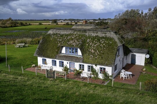 Thatched-roof house on Kaydeich, Pellworm Island, Schleswig-Holstein Wadden Sea National Park, North Frisia, Germany