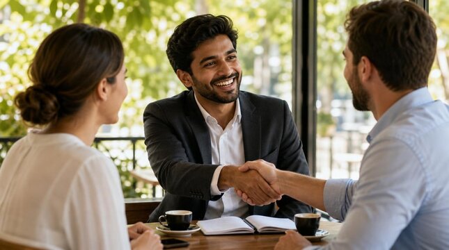 Confident South Asian businessman in a charcoal suit shaking hands with a male colleague at a sunlit outdoor cafe during a successful meeting with coffee and a notebook on the wooden table.