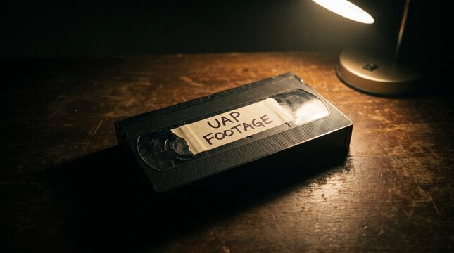 VHS tape labeled "UAP Footage" resting on a wooden table, illuminated by a desk lamp, concept of visual content for media, news, documentaries, science publications, UFO and UAP research