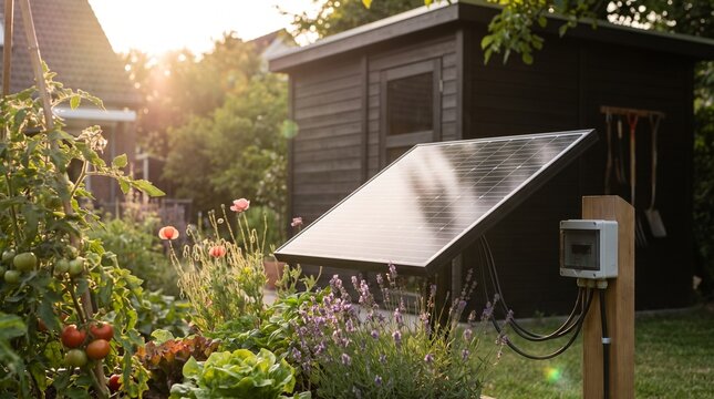 Solar panel installed in a garden setting with colorful flowers and vegetables, for home solar energy, sustainable gardening, renewable energy, eco-friendly living, self-sufficient homes